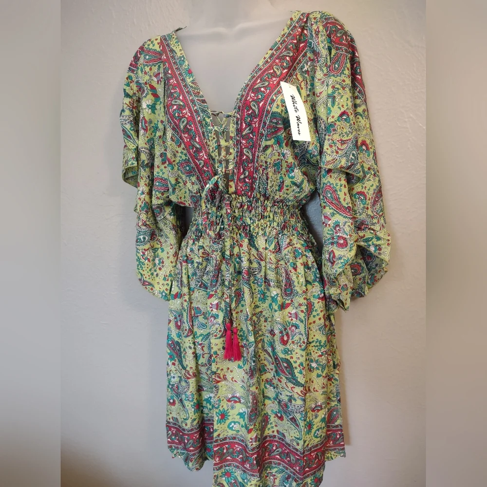 White Waves NWT Silk Blend Paisley Lace Up Boho Dress Made in India - Picture 4 of 15